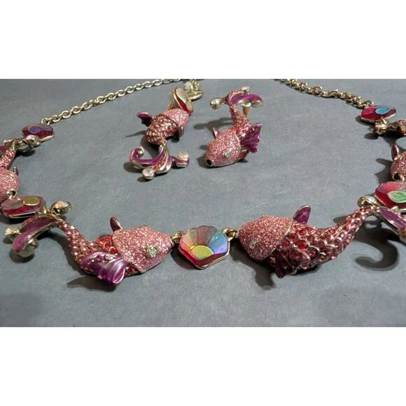 Betsy Johnson Koi Fish Necklace and Earrings Pink Sparkly Gold Tone Chain 21 in - Picture 2 of 6